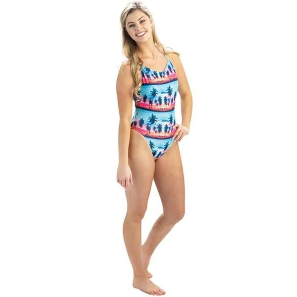 Dolfin Swimsuit Women Size 30 Turquoise Palm Trees‎ Cross Back One Piece